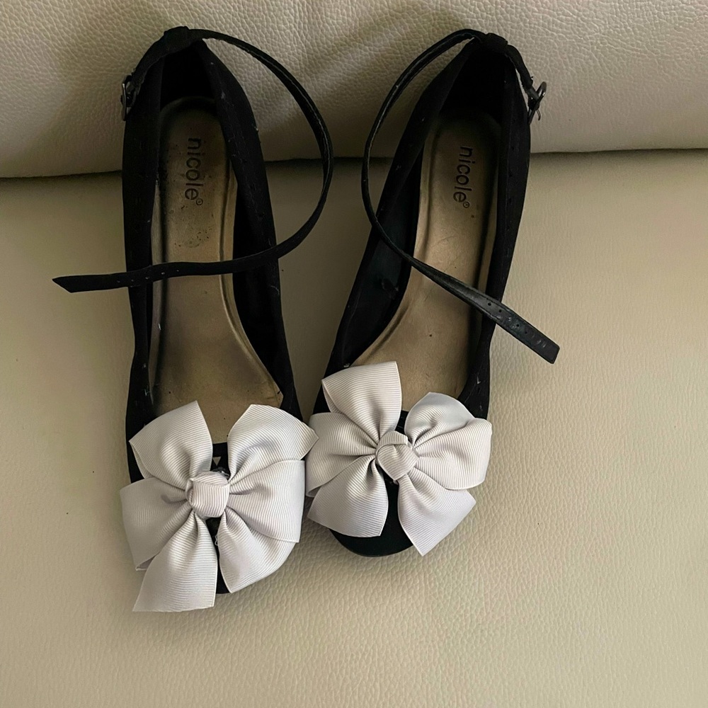 Nicole black ankle strap shoe - silver bow accent